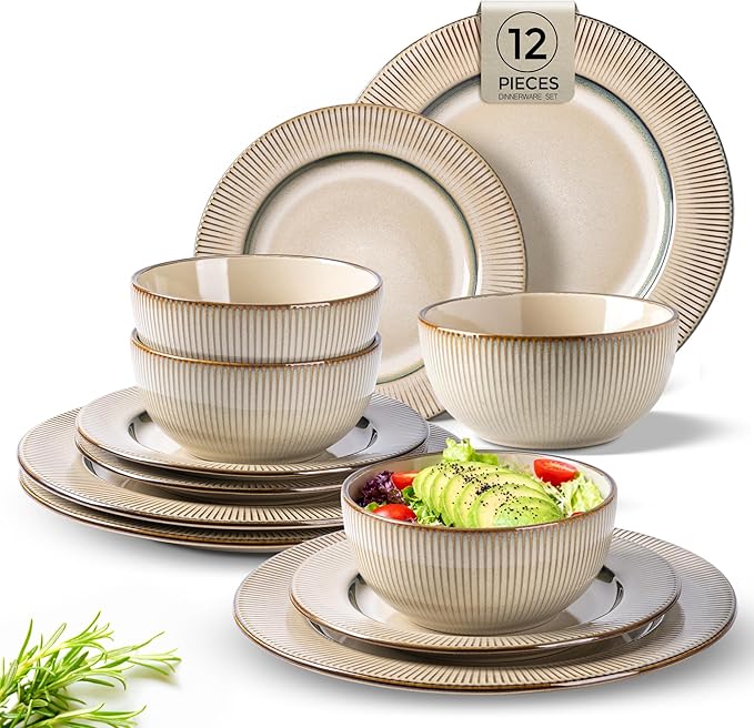 GBHOME Ceramic Dinnerware Sets,12 pcs Embossed Elegant Stoneware Plates and Bowls Sets, Housewarming Wedding Gift | Dishwasher & Microwave Safe | Dishes Set Service for 6