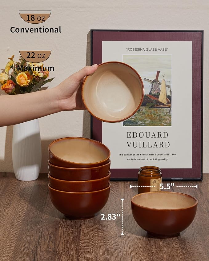 Pokini Reactive Glaze Bowls Set of 6, Microwave and Dishwasher Safe Bowls, Stoneware Soup Bowls, Kitchen Bowl Set for Cereal Soup Rice Pasta Salad Oatmeal, Brown and Yellow