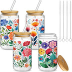 Mumufy 4 Pack Gift for Women Cute Glass Cup Tumbler Flower Iced Coffee Mugs 16 oz Glass with Bamboo Lid & Straw, Mothers Day Birthday Gift for Mom Sister Bridesmaid Baby Shower(Abstract Flower)