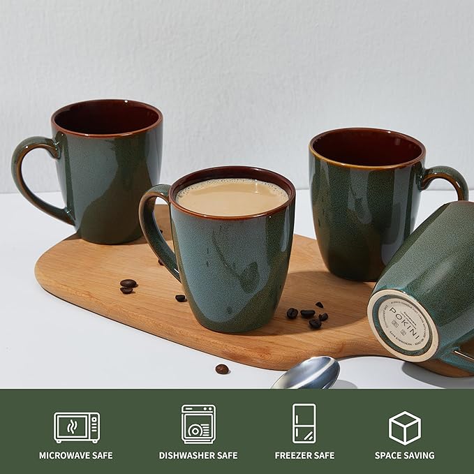 Pokini Coffee Mug 14 oz, Ceramic Coffee Mugs Set of 4, Reactive Glaze Mug for Latte/Tea/Cappuccino, Large Stackable Mug Set for Men, Women, Dad, Mom, Dishwasher & Microwave Safe, Brown Green