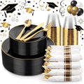 KIRE 175Pcs Black Plates Disposable - Heavy Duty Black and Gold Plastic Plates- 25 for Dinner 25 for Dessert 25 Pre Rolled Gold Silverware and 25 Cups for Graduation/Birthday Party/Wedding