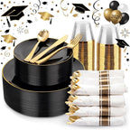 KIRE 175Pcs Black Plates Disposable - Heavy Duty Black and Gold Plastic Plates- 25 for Dinner 25 for Dessert 25 Pre Rolled Gold Silverware and 25 Cups for Graduation/Birthday Party/Wedding