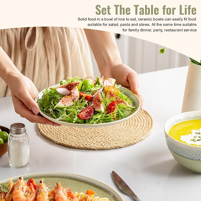 Dafuceramic Plates and Bowls Sets, 12 Pieces Grass Green Dinnerware Sets for Kitchen, Reactive Glaze Dishes Set for 4, Dishwasher and Microwave Safe, Series Starflecked Shore (Grass Green)