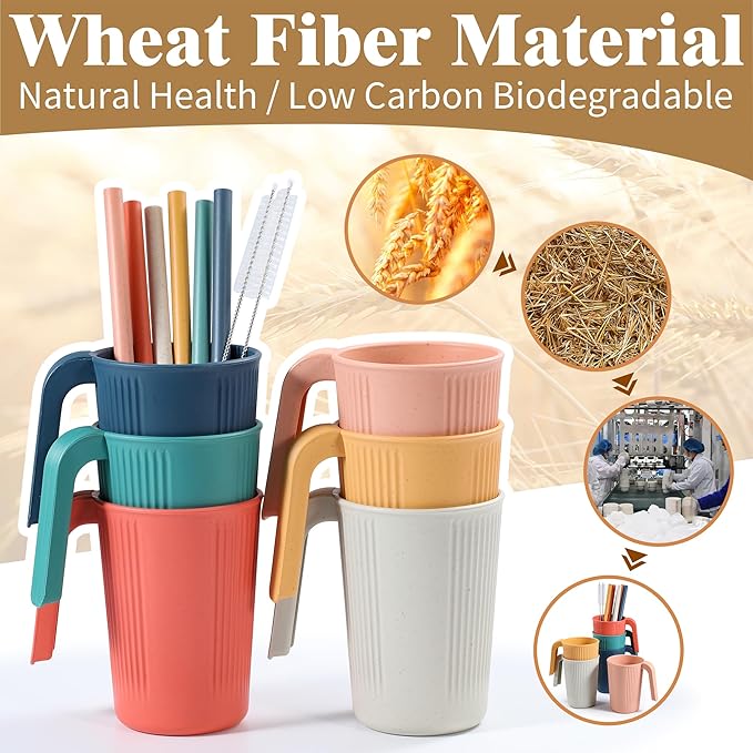 Wheat Straw Coffee Mugs 6-Pack– Unbreakable & Lightweight Cups, 12oz Stackable Cups with 6 Detachable Straws & 2 Cleaning Brushes (Colorful, 12, Fluid Ounces)