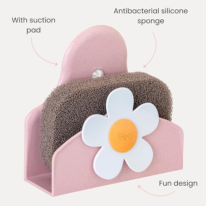 Vigar Florganic Daisy Sponge Holder for Kitchen Sink with Suction Cup and Sponge, Sink Caddy, Kitchen Organizers and Storage for Kitchen Sinks, Pink