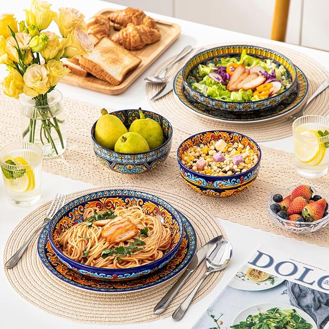 vancasso Pasta Bowls Set of 4, Ceramic Salad Serving Bowls, 42Oz Large Pasta Bowls, 8.7 in Colorful Bowl Plates for Soup, Bohemian Shallow Bowls for Kitchen, Microwave & Dishwasher Safe