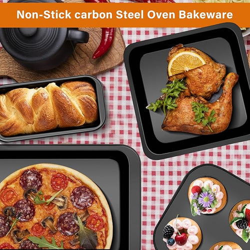 6-Piece Carbon Steel Bakeware Set, Nonstick Baking Pans with Cookie Sheet, Deep Roaster, Square Pan, Loaf Pan, Muffin Pan for Cooking,Baking Pans Set (black)