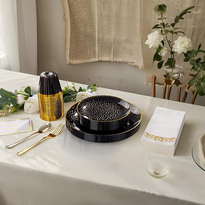 DaYammi 350PCS Clear Black and Gold Plastic Dinnerware Set for Party, Hammered Disposable Plates for Party, Include: 50 Dinner Plates, 50 Dessert Plates 150 Gold Silverware 50 Napkins 50 Cups