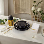 DaYammi 175PCS Clear Black and Gold Plastic Dinnerware Set for Party, Hammered Disposable Plates for Party, Include: 25 Dinner Plates, 25 Dessert Plates, 75 Gold Silverware 25 Napkins 25 Cups