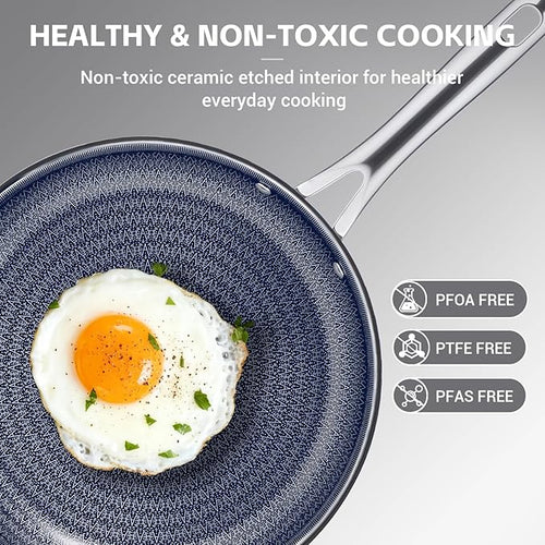 Ammeloo Hybrid Tri-Ply Stainless Steel Frying Pan Set, 8"/9.5"/11" Cooking Pans, Non Stick Frying Pans and Skillets, Chef Pan, Non Toxic, Dishwasher Safe, Induction Compatible, Blue Interior