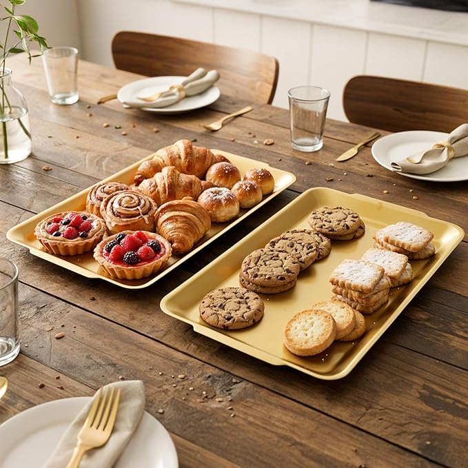 3 Pack 304 Stainless Steel Gold Serving Trays, 12.6" Rectangular Food Serving Platters, Tray Multipurpose for Buffet, Party, Kitchen