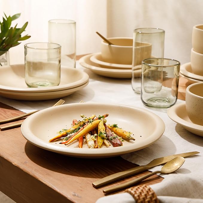 Bloomhouse - Two Time Oprah's Favorite Things Winner - Corsica Clay 12 Piece Stoneware Rustic Reactive Glaze Dinnerware Set - Stackable Plates Bowls Set. Service for 4 - Matte Finish Cappuccino Cream