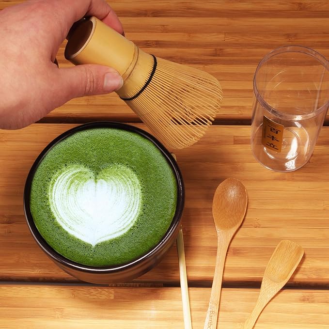 BambooMN Matcha Whisk Set - Golden Chasen (Tea Whisk), Chashaku (Hooked Bamboo Scoop), Deep Scoop, Tea Spoon - 2 Sets