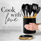STYLED SETTINGS Black and Gold Kitchen Utensils Set – 8 Piece Silicone Cooking Utensils with Gold Handles, Black Ceramic Utensil Holder & Spoon Rest – Heat Resistant, Nonstick Safe, Sleek Storage