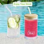 Hobnail Drinking Glasses with Bamboo Lids and Glass Straw 4Pcs Set - 14oz Vintage Glass Cups, Water Glasses, Iced Coffee Glasses, Cute Tumbler Cup, Ideal for Cocktail, Whiskey, Gift - Cleaning Brushes
