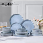 E-far 16 Piece Dinnerware Sets, Plates and Bowls with Pasta Bowls Service for 4, Modern Stoneware Ribbed Dishes for Kitchen Dining, Microwave & Dishwasher Safe, Dusty Blue