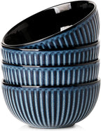 HASENSE Large Ceramic Serving Bowls 42 Oz - 7 Inch Salad Bowl Set of 4 for Kitchen,Modern Ribbed Porcelain Dishes for Entertaining,Soup,Pho,Pasta,Cereal, Noodle - Dishwasher & Microwave Safe, Blue