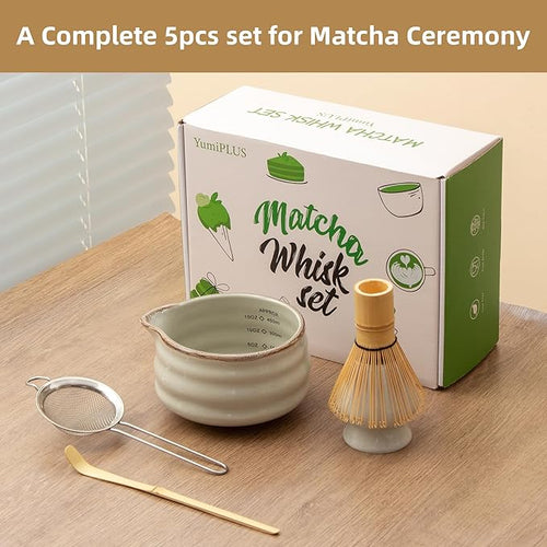 5pcs Premium Matcha Set,Ceramic Bowl with Spout and Bamboo Whisk set, Ceremonical Matcha Kit for breakfast/latte,Tea Starter Making Kit, Unique Christmas/Valentine Gift (Grey)
