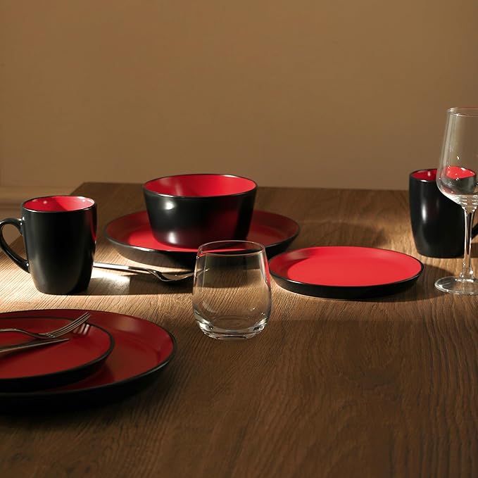 Stone Lain Albie Stoneware 32 Piece Modern Dinnerware Set, Plates and Bowls Sets, Service for 8, Red and Black, Microwave & Dishwasher Safe