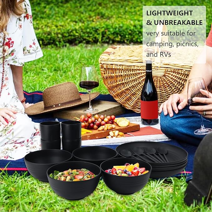 28-Piece Wheat Straw Dinnerware Sets, Microwave & Dishwasher Safe Unbreakable Dinnerware Set, Reusable Dishware Sets, Lightweight Camping Dishes, Plates, Cups, Cereal Bowls for 4（Black）