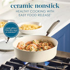Rachael Ray Cucina Ceramic Nonstick Saute Pan with Lid, 3 Quart Non Stick Sauteuse Pan, Dishwasher Safe - Almond