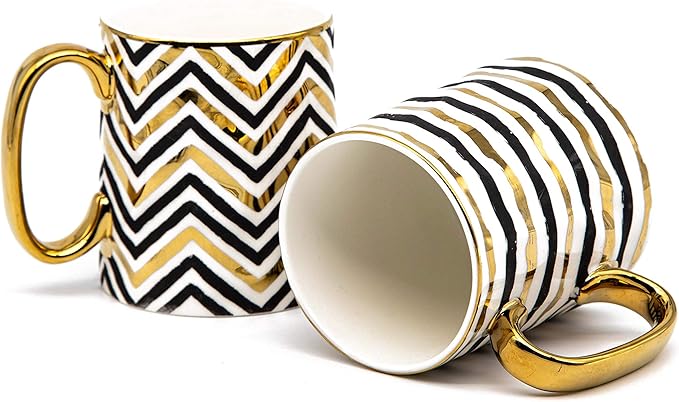 KooK Coffee Mugs, Coffee Mug Set, Black and Gold Cups, Porcelain, Tea Cups with Handles, Geometric Design with Metallic Gold Accents, 14.8 oz, Black and Gold, Set of 2
