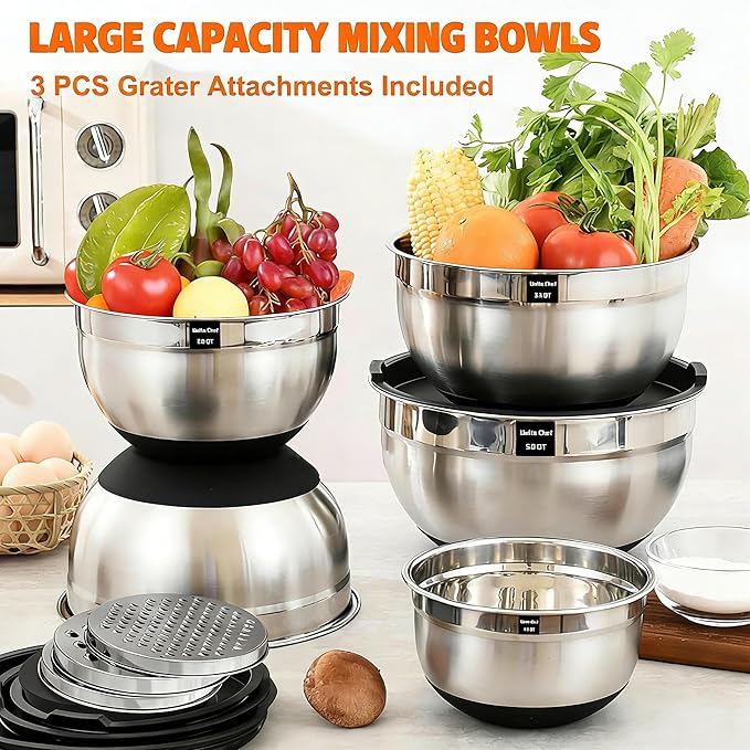 Thickened Stainless Steel Mixing Bowls with Airtight Lids, Umite Chef 26Pcs Stainless Steel Bowls Set, 3 Grater Attachments & Black Non-Slip Bottoms Size 7, 4, 2.5, 2.0,1.5, 1QT for Mixing & Serving