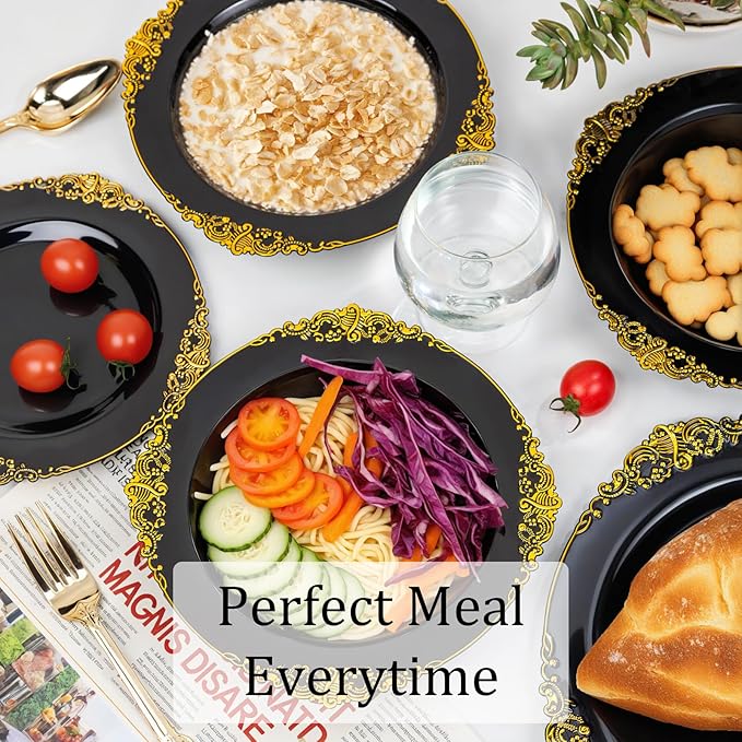 Nervure 50PCS Black Plastic Bowls with Gold Rim - 12oz Disposable Soup Bowls, Heavy Duty Salad Ice Cream Bowl Perfect For Weddings, Parties and Halloween (Pack of 2)