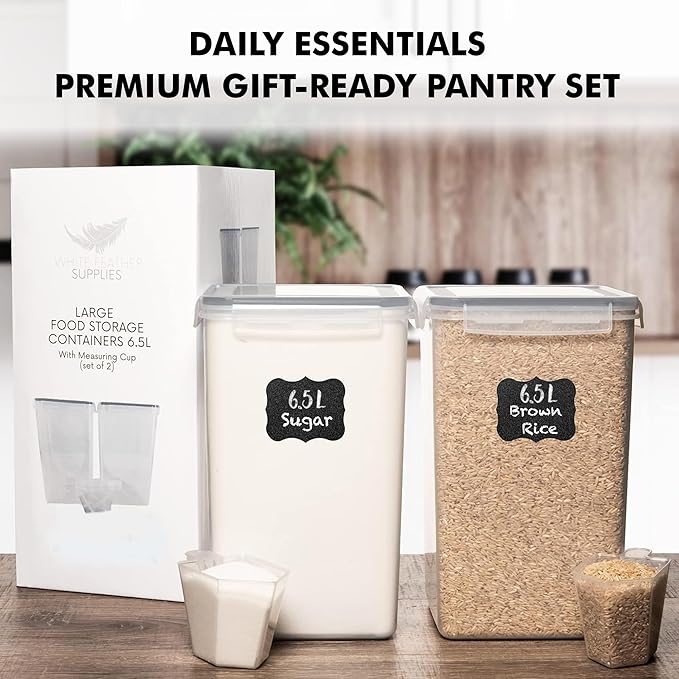 WHITE FEATHER SUPPLIES 2 PC [6.5L / 220 Oz] Large Food Storage Containers with Lids Airtight - BPA Free Clear Plastic Kitchen and Pantry Storage Containers, Bulk Storage for Cereal, Flour, Sugar, Rice