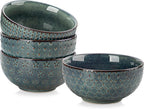 MALACASA Cereal Bowls, 30 Ounce Ceramic Green Soup Bowl for Kitchen, Stoneware Bowls Set of 4 with Embossment for Pho, Chip, Fruits, Salad, Noodle, Ramen - 6 Inch, Series LYDIA