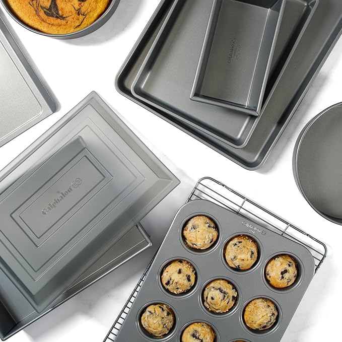 Calphalon Titan 10-Piece Nonstick Bakeware Set, Steel Core PFA-Free Nonstick Coating, Oven Safe, Includes Sheet Pans, Muffin Pan, Round Cake Pans, Loaf Pan and Cooling Rack, Silver