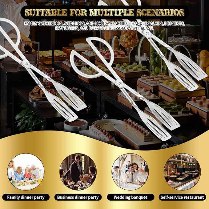 6PCS 9.8-Inch Stainless Steel Salad Tongs for Serving Heavy Duty Serving Tongs for Home Parties, Weddings, Buffets, Barbecues, Kitchen Utensils for Cake, Steak, Salad and More (6, Silver)