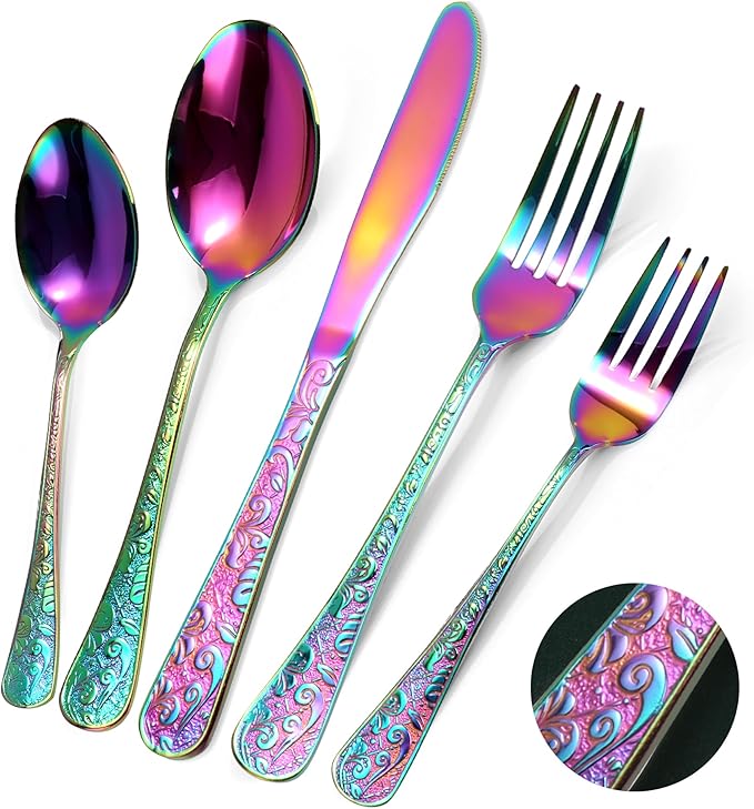 Rainbow Silverware Set, 30 Pieces Vintage Carved Flatware Set for 6, Stainless Steel Cutlery Set with Knife/Fork/Spoon,Utensil Set for Home and Kitchen, Dishwasher Safe