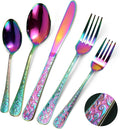 Rainbow Silverware Set, 30 Pieces Vintage Carved Flatware Set for 6, Stainless Steel Cutlery Set with Knife/Fork/Spoon,Utensil Set for Home and Kitchen, Dishwasher Safe
