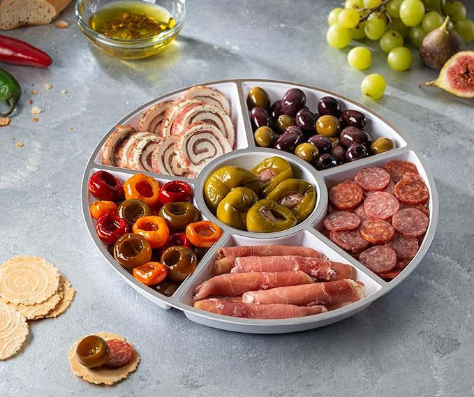Plasticpro 6 Sectional Round Plastic Serving Tray/Platters White & Silver Pack of 4