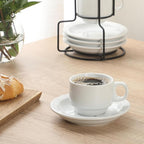 Gibson Home Gracious Dining 3-Ounce Espresso Cups Set of 4, Small Stackable Coffee Cups with 4 Saucers, Metal Stand, Ceramic Demitasse Mugs, Espresso Accessories for Machine