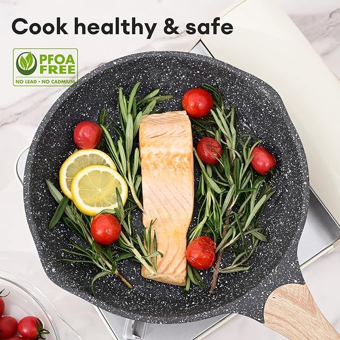 JEETEE 11 inch Nonstick Frying Pan Granite Stone Coating Cookware, Nonstick Omelette Skillet with Soft Touch Handle, All Stove Induction Compatible (Gray)