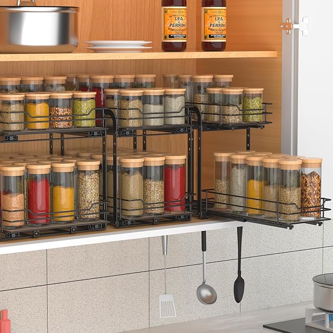 Spice Rack Organizer for Cabinet, 2 Tier Pull Out Spice Organizer for Cabinet Height Adjustable Heavy Duty Metal Basket for Inside Cabinets & Pantry Closet (5.5''Wx10.5''Dx9.5''H)