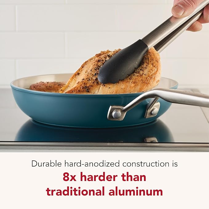 KitchenAid Hard Anodized Ceramic Induction Nonstick Cookware Frying Pan/Skillet with Lid, Dishwasher Safe, 12.25 Inch Non Stick Fry Pan with Stainless Steel Handle - Agave Blue