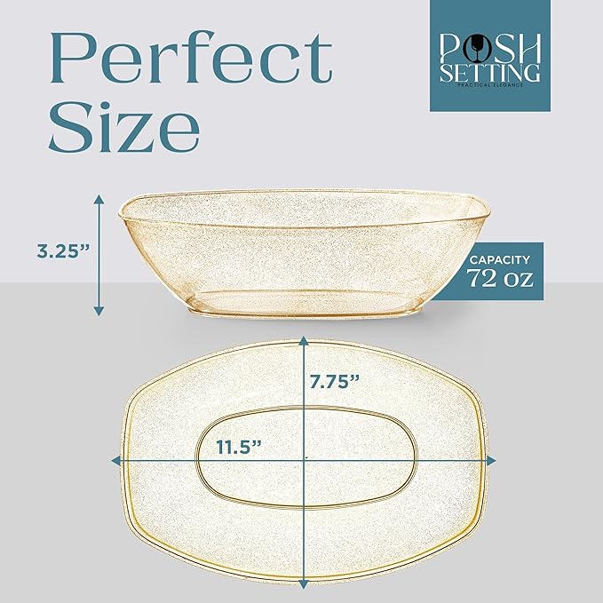 Posh Setting - Disposable Oval Party Bowls, Plastic Serving Bowls - Glitter Gold, 4 Pack