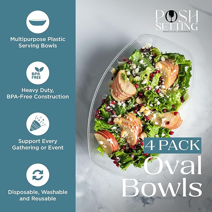 Posh Setting Plastic Party Bowls - Disposable Clip-on Bowls, Perfect for Chocolate, Candy, Apps; Set of 4 Clear Entrees