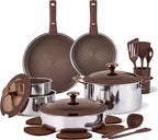 CAROTE 22PCS Stainless Steel Cookware Set with Detachable Handle, Ceramic Hybrid Nonstick Pots and Pans Set, Stackable Kitchen Cookware Set, Induction Safe, Oven Safe, Brown
