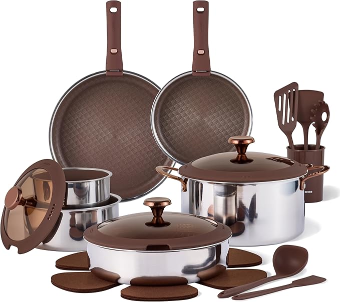 CAROTE 22PCS Stainless Steel Cookware Set with Detachable Handle, Ceramic Hybrid Nonstick Pots and Pans Set, Stackable Kitchen Cookware Set, Induction Safe, Oven Safe, Brown