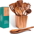 Wooden Spoons for Cooking, Premium Acacia Wood Kitchen Utensil Set, Handmade Wooden Utensils for Nonstick Cookware, Heat Resistant, Smooth Finish, Comfortable Grip, with Holder, Gift Ready
