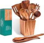 Wooden Spoons for Cooking, Premium Acacia Wood Kitchen Utensil Set, Handmade Wooden Utensils for Nonstick Cookware, Heat Resistant, Smooth Finish, Comfortable Grip, with Holder, Gift Ready