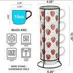 Signature Housewares Stackable Coffee Mug Tower Set with Metal Wire Rack - 15 Ounce Coffee Mugs for Coffee, Tea, Cocoa, Milk, Cappuccino, Hot Chocolate Set of 4 - Strawberry Pattern