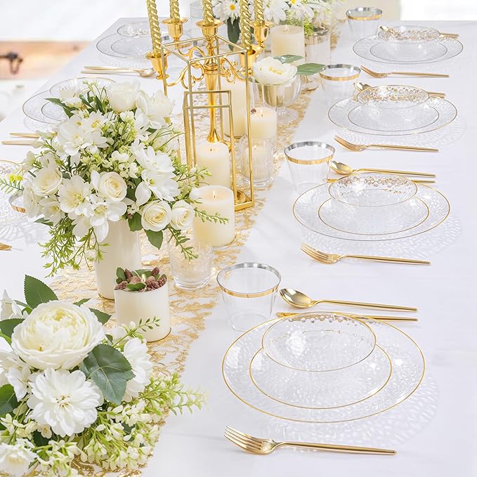 I00000 30 Pack 12 Ounce Clear Plastic Bowls Serving Bowls Hammered with Gold Rimmed, Heavy Duty Disposable Bowl Set,Small Bowl for Wedding & Party
