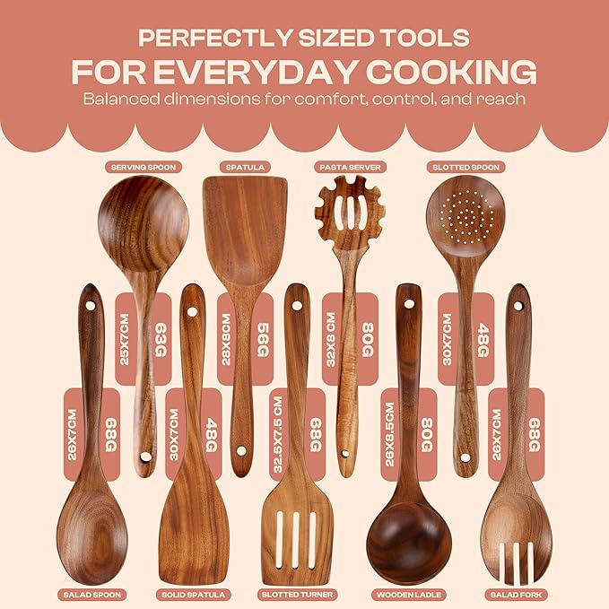 9-Piece Wooden Spoons for Cooking – Premium Teak Wood Utensil Set – Ergonomic Comfort-Grip Wood Tools Non-Stick Cookware Safe Easy to Clean Heat Resistant