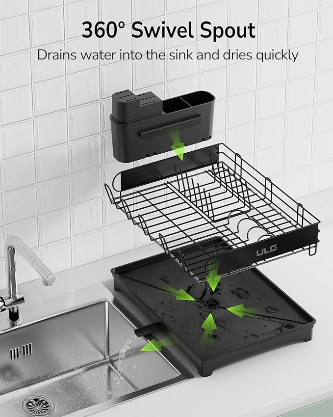 ULG Dish Drying Rack with Drainboard, Dish Rack for Kitchen Counter, Rustproof Dish Drainer with Detachable Utensil Holder, Adjustable Swivel Spout Dish Strainers, Black