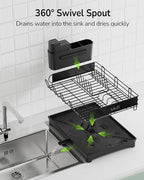 ULG Dish Drying Rack with Drainboard, Dish Rack for Kitchen Counter, Rustproof Dish Drainer with Detachable Utensil Holder, Adjustable Swivel Spout Dish Strainers, Black